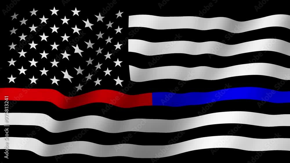 Flag of Thin red line and thin blue line American waving animation