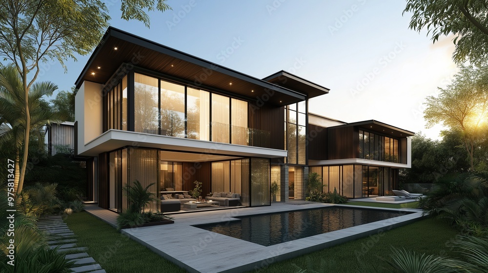 Fototapeta premium A modern two-story house with a sleek and minimalist design. 