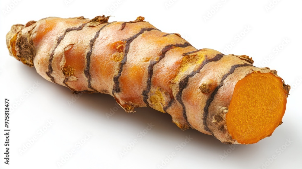 A fresh turmeric root with its vibrant color showing through, isolated on a clean white background A fresh turmeric root with its vibrant color showing through, isolated on a clean white background