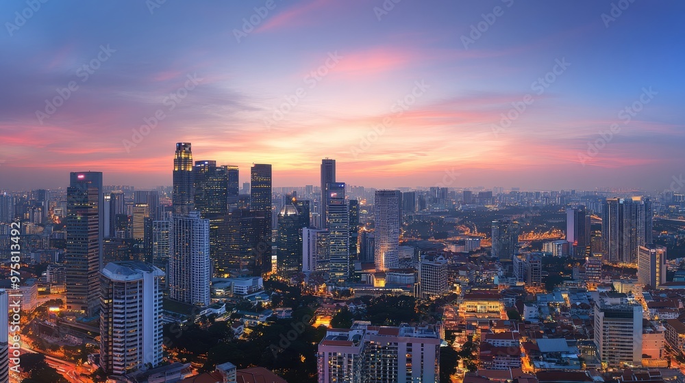 Fototapeta premium A city skyline at sunset with a beautiful orange sky