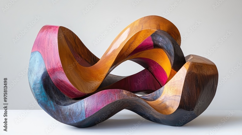 Stunning abstract sculpture made from vibrant wood, featuring flowing shapes and bold textures, set on a white background Stunning abstract sculpture made from vibrant wood, featuring flowing shapes and bold textures, set on a white background