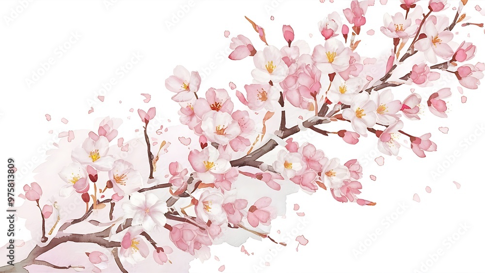 Watercolor spring blooming cherry tree branches seamless pattern, hand painted on a white background Watercolor spring blooming cherry tree branches seamless pattern, hand painted on a white background