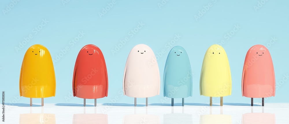 A colorful collection of cute, whimsical character figures in pastel tones, perfect for children's themes and playful designs. A colorful collection of cute, whimsical character figures in pastel tones, perfect for children's themes and playful designs.