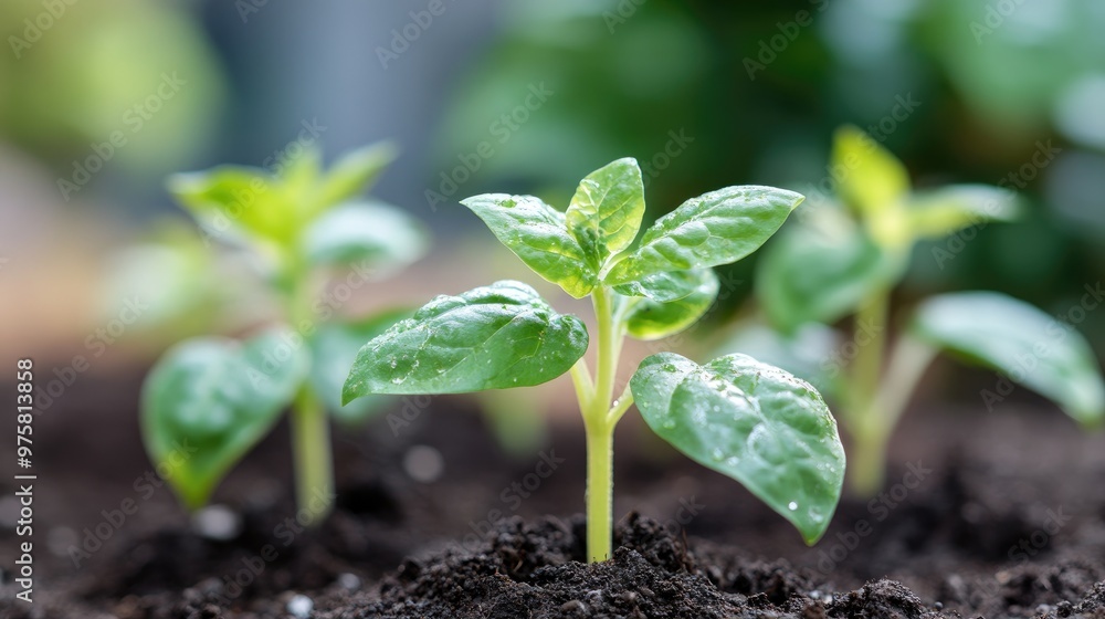 Three small plants are growing in the dirt Three small plants are growing in the dirt