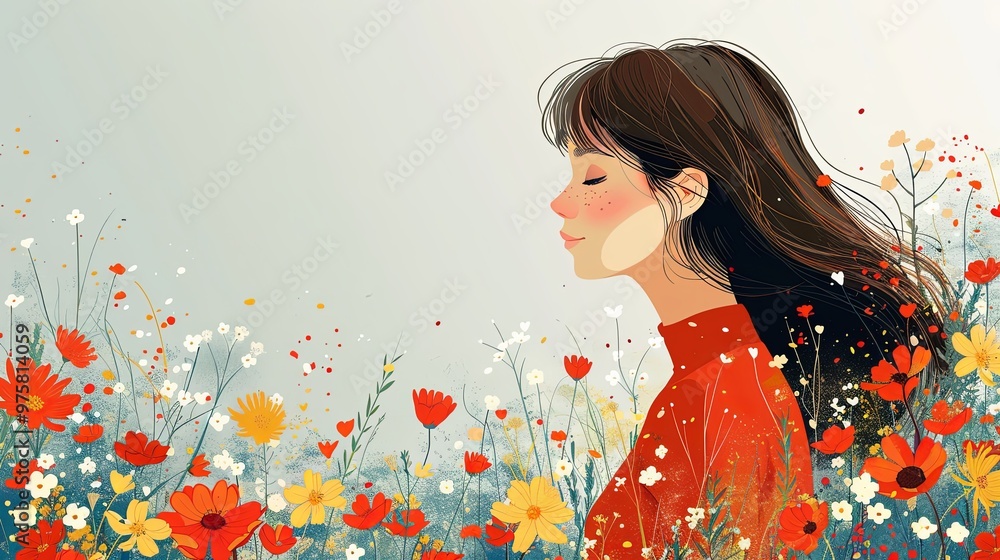 Fototapeta premium Happy Womens Day March 8! Cute cards and posters for the spring holiday. Vector illustration of a date, a woman and a bouquet of flowers