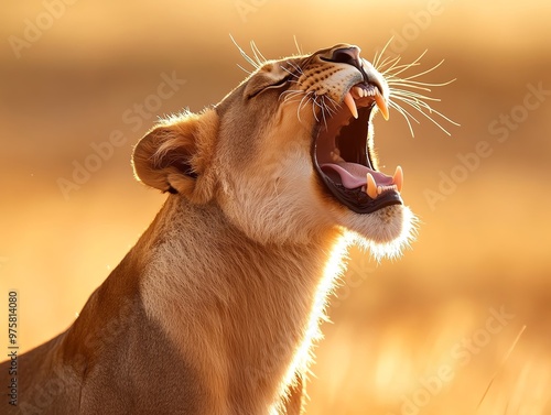 A majestic lioness roaring in the golden light of dusk, showcasing her strength and beauty in the wild. photo