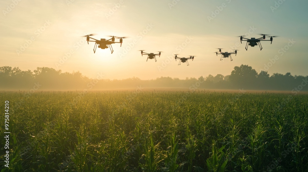 A fleet of drones flying over a farm field, collecting data on plant health with no human operators. A fleet of drones flying over a farm field, collecting data on plant health with no human operators.