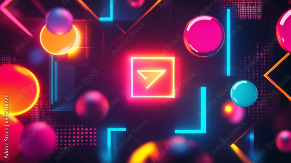 Abstract Neon Background with Geometric Shapes and Spheres. Abstract Neon Background with Geometric Shapes and Spheres.