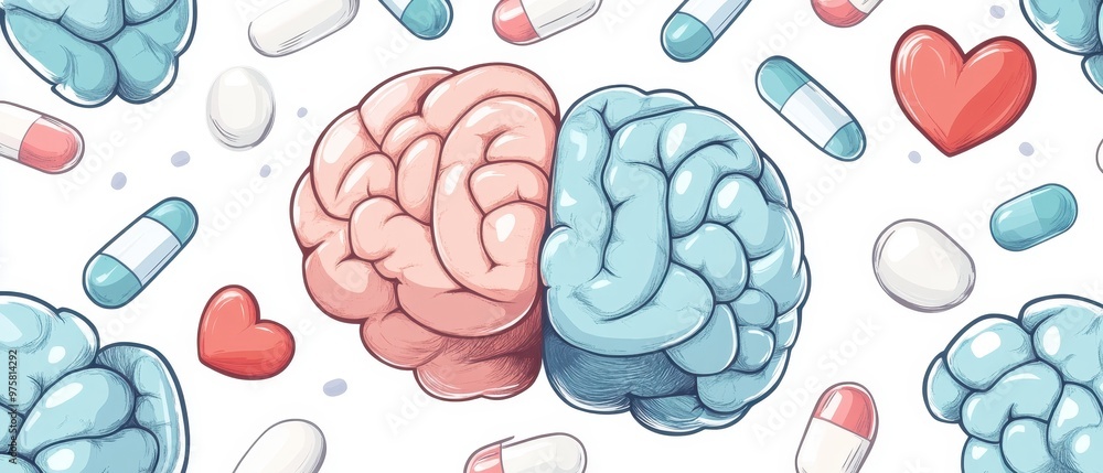 A vibrant of two brains in pink and blue surrounded by colorful pills and hearts, symbolizing mental health and wellness. A vibrant of two brains in pink and blue surrounded by colorful pills and hearts, symbolizing mental health and wellness.