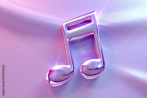 A shiny silver musical note with a pink background. The note is surrounded by a purple fabric. The combination of the metallic