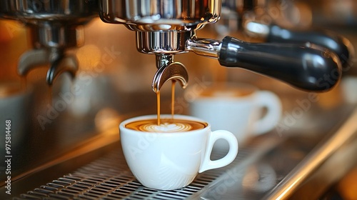 Coffee brewing captured by an espresso machine, emphasizing the efficient and precise preparation process that enhances the aroma and taste of quality espresso