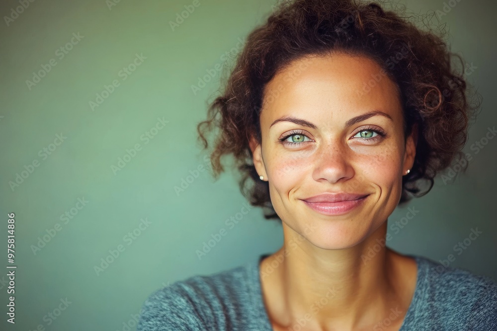 Obraz premium A woman with a gentle smile and a glowing aura around her face symbolizes inner peace serenity and the warm energy of happiness in a tranquil joyful setting