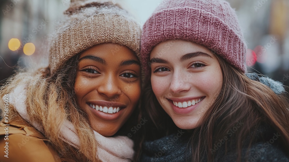Casual outdoors scene of multiracial best friends on a city street, smiling and sharing a moment of happiness, reflecting a deep bond and diverse community Casual outdoors scene of multiracial best friends on a city street, smiling and sharing a moment of happiness, reflecting a deep bond and diverse community