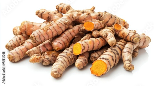 A pile of fresh turmeric roots in varying sizes, isolated on a white background