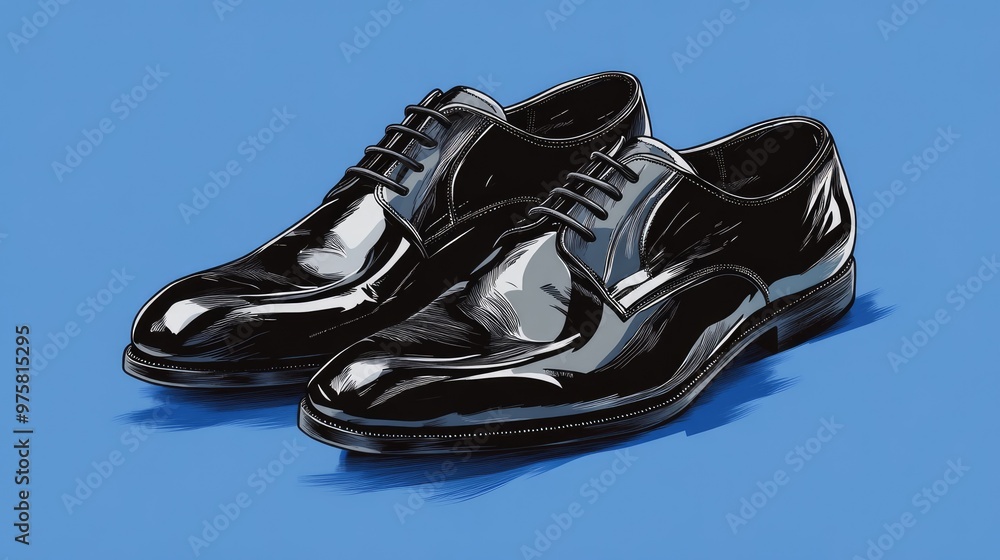 A pair of black leather formal shoes with laces on a blue background. A pair of black leather formal shoes with laces on a blue background.