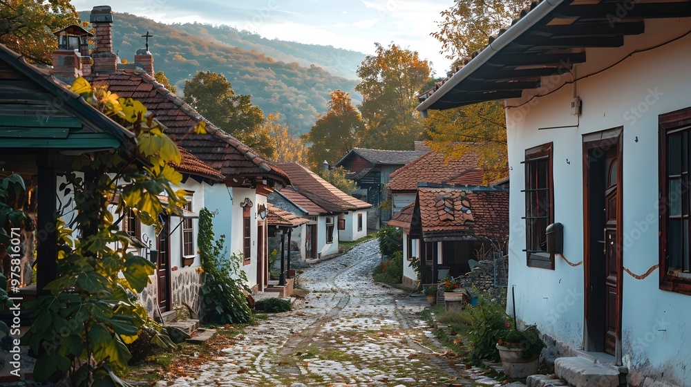 Obraz premium Restored Historic Village with Traditional Houses and Cobblestone Streets Showcasing Cultural Heritage Preservation
