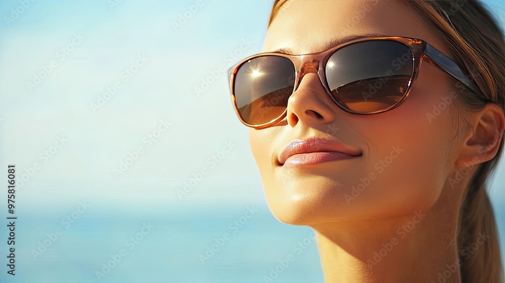 A woman wearing sunglasses is smiling and looking out at the ocean A woman wearing sunglasses is smiling and looking out at the ocean