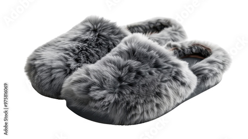 Grey furry indoor slippers on transparent background