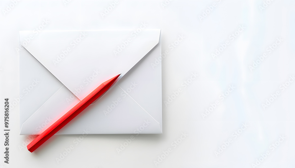 Minimalist composition: red pencil on white envelope for creative inspiration Minimalist composition: red pencil on white envelope for creative inspiration
