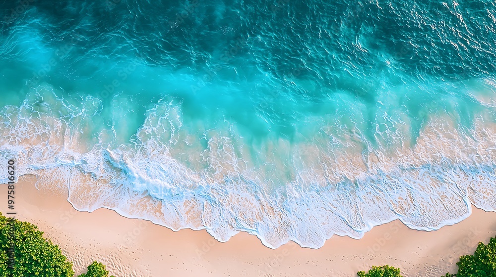 Obraz premium Aerial View of Turquoise Ocean Waves Crashing on a Sandy Beach