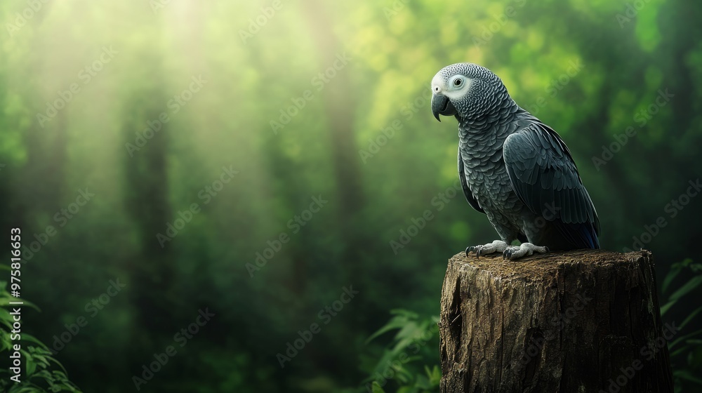 Obraz premium African Grey parrot perched on a tree stump, against a blurred green background of foliage