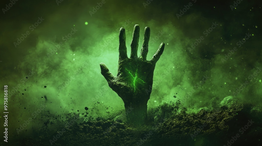 Halloween horror scene with a zombie hand reaching up from the earth, eerie green glow illuminating the area Halloween horror scene with a zombie hand reaching up from the earth, eerie green glow illuminating the area