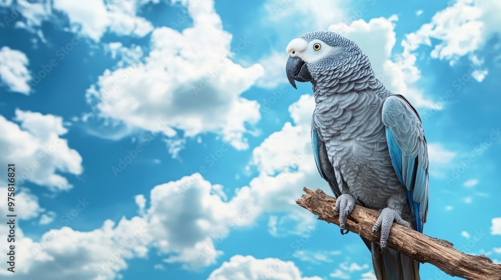 Obraz premium African Grey parrot perched on a wooden branch, with a blue sky and white clouds in the background