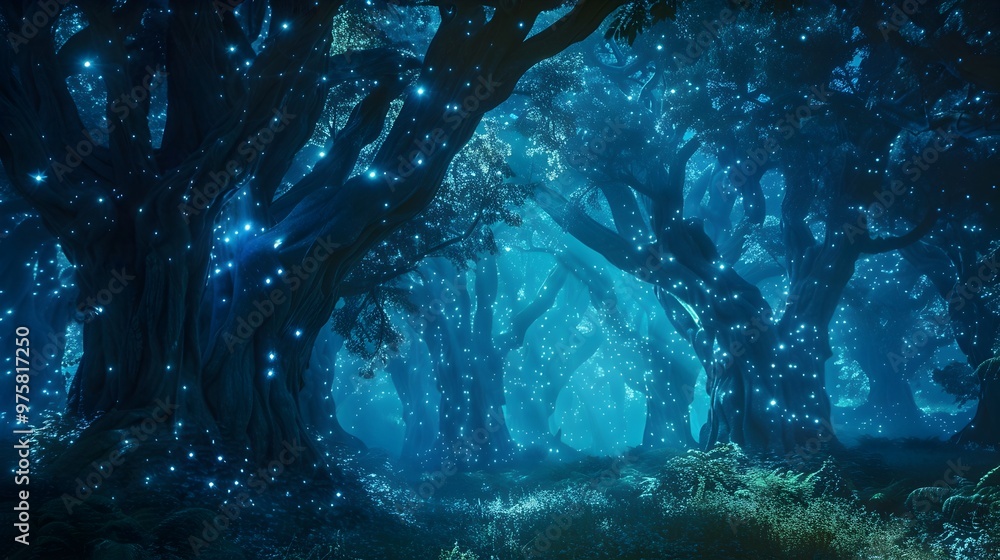 Fototapeta premium Enchanting Bioluminescent Forest with Glowing Vines Wrapping Ancient Trees Creating a Magical Ambiance