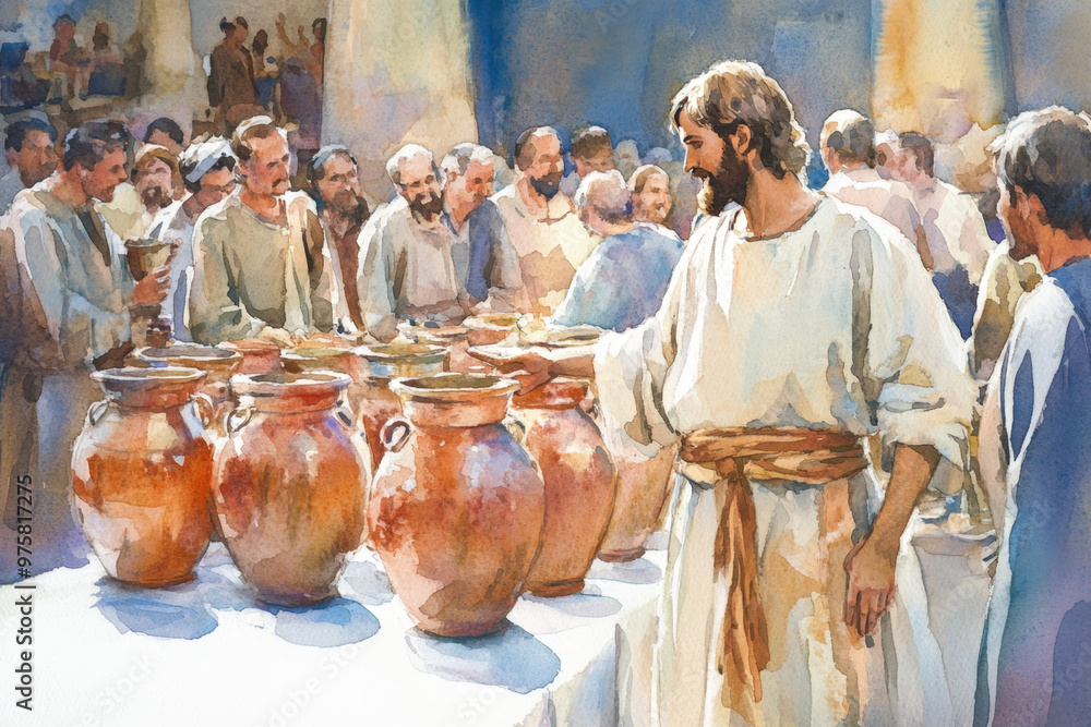 Jesus performing his first miracle at a wedding by turning water into wine in front of guests Jesus performing his first miracle at a wedding by turning water into wine in front of guests