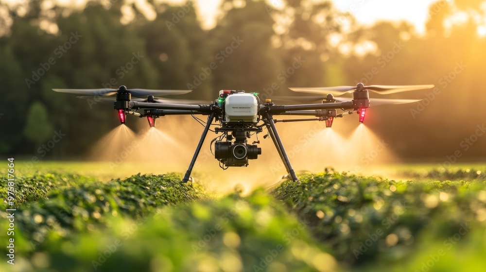 An advanced agricultural drone spraying a field, its path controlled entirely by GPS and sensors. An advanced agricultural drone spraying a field, its path controlled entirely by GPS and sensors.