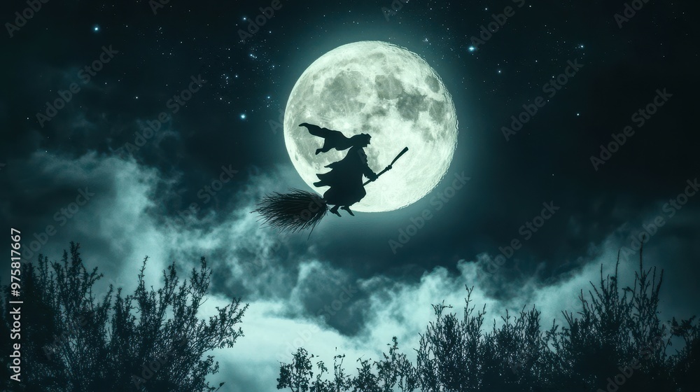 Silhouette of a Witch Flying on a Broomstick with a Full Moon in the Background Silhouette of a Witch Flying on a Broomstick with a Full Moon in the Background