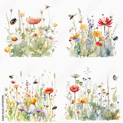 Four paintings of a field of flowers with bees and butterflies. The paintings are all different, but they all have a similar theme of nature