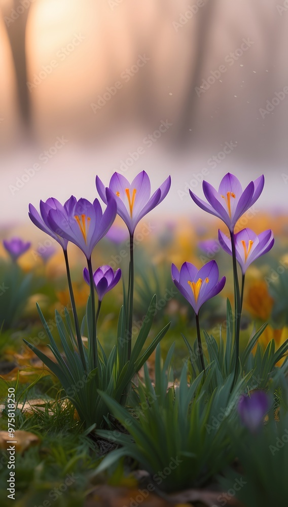 Purple crocuses in the meadow in the morning mist generated by AI Purple crocuses in the meadow in the morning mist generated by AI