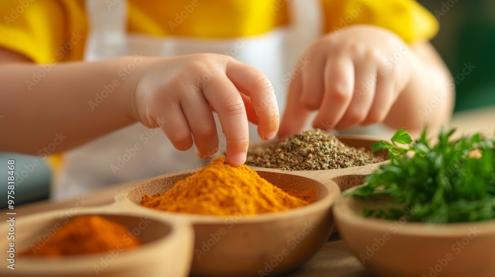 A child's hands carefully add vibrant spices to bowls, showcasing culinary creativity and the joy of cooking. A child's hands carefully add vibrant spices to bowls, showcasing culinary creativity and the joy of cooking.