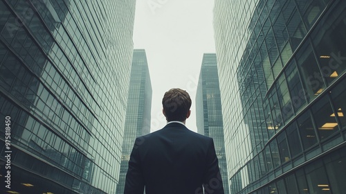 suited businessman viewing the city skyline of tall buildings, a representation of professional ambition, executive perspective, and the growth mindset in the business industry