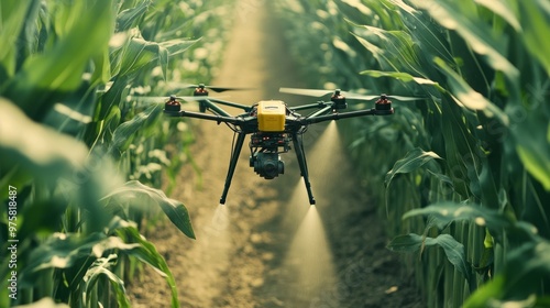 Autonomous drone releasing chemical sprays over a cornfield, evenly distributing pesticide photo