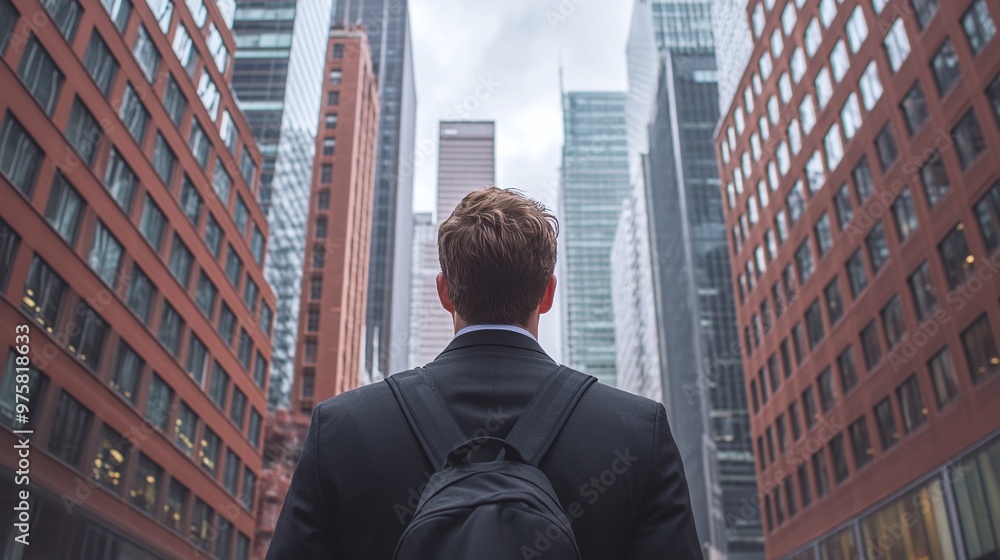 suited businessman facing the skyline of tall buildings, capturing the essence of the urban landscape, professional setting, and the opportunities in the business and finance industry suited businessman facing the skyline of tall buildings, capturing the essence of the urban landscape, professional setting, and the opportunities in the business and finance industry