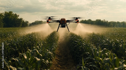 Autonomous drone releasing chemical sprays over a cornfield, evenly distributing pesticide. photo