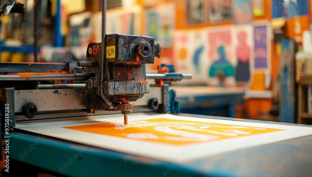 Fototapeta premium A printing press prints an orange image.