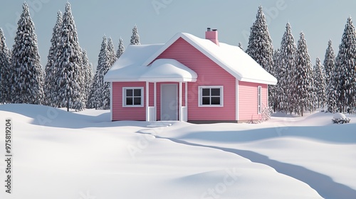 A small pink house is surrounded by snow and trees