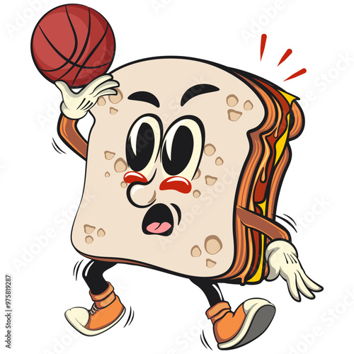 sandwich bread cartoon character mascot retro vector design playing basketbal, work of hand drawn