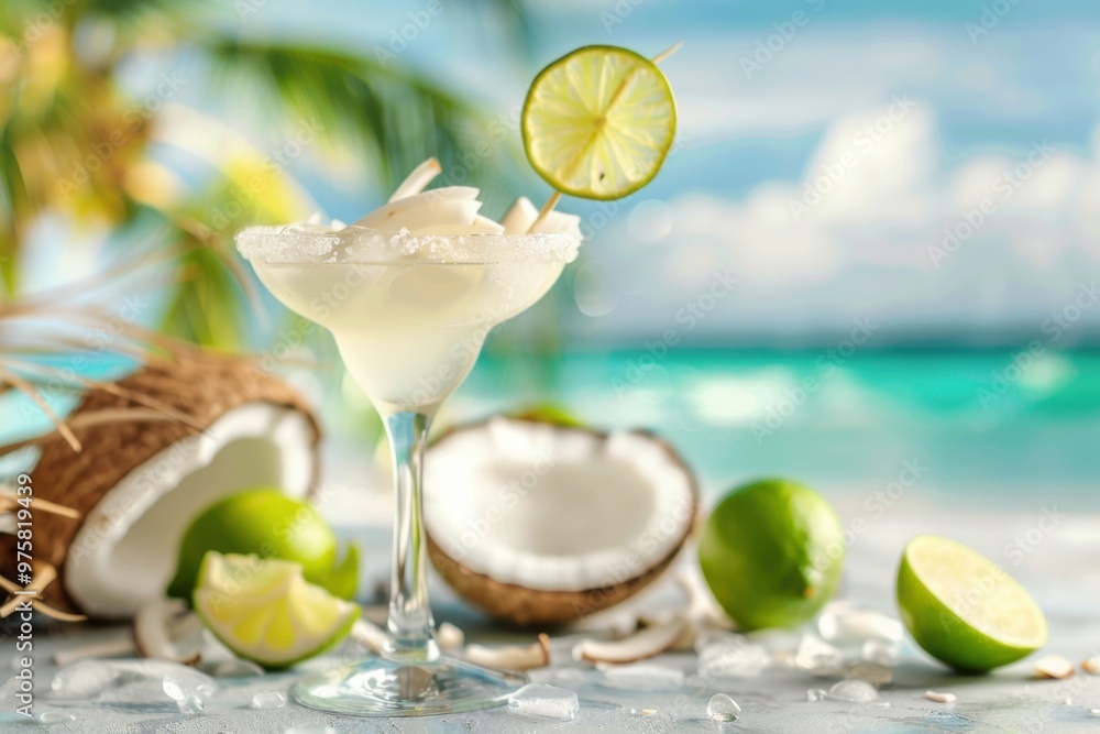Fototapeta premium Refreshing Coconut Lime Cocktail with Tropical Beach Vibes