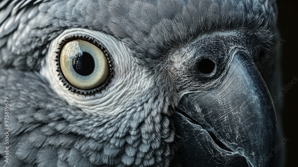 Close-up of African Grey parrots eyes and beak, showing intricate details of its intelligent expression. Close-up of African Grey parrots eyes and beak, showing intricate details of its intelligent expression.