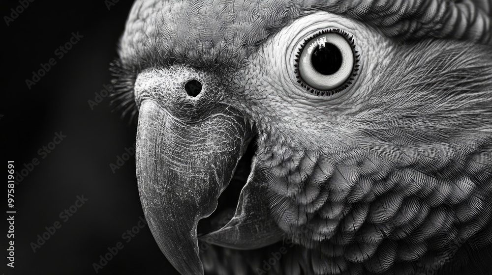 Obraz premium Close-up of African Grey parrots eyes and beak, showing intricate details of its intelligent expression.