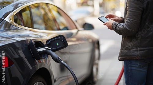 Person charging electric car and using smartphone