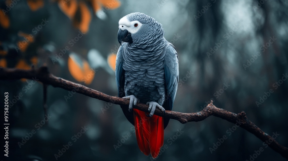 Obraz premium Close-up of an African Grey parrot perched on a branch, showcasing its distinctive grey feathers and red tail.