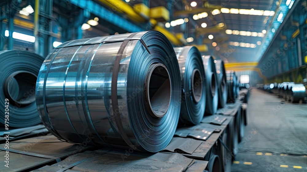 Packed rolls of steel sheets, cold rolled steel coils in factory warehouse. Packed rolls of steel sheets, cold rolled steel coils in factory warehouse.