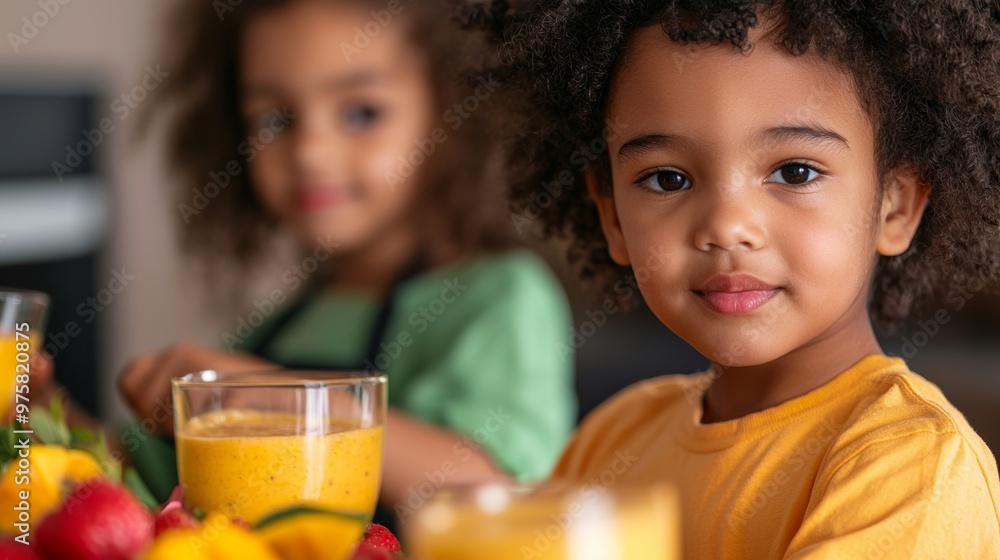 Two cheerful children enjoy colorful smoothies in a bright kitchen, celebrating healthy eating and vibrant fruit flavors. Two cheerful children enjoy colorful smoothies in a bright kitchen, celebrating healthy eating and vibrant fruit flavors.
