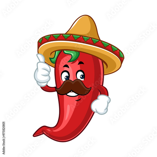 Cartoon chili pepper with sombrero hat and mustache giving thumbs up. 