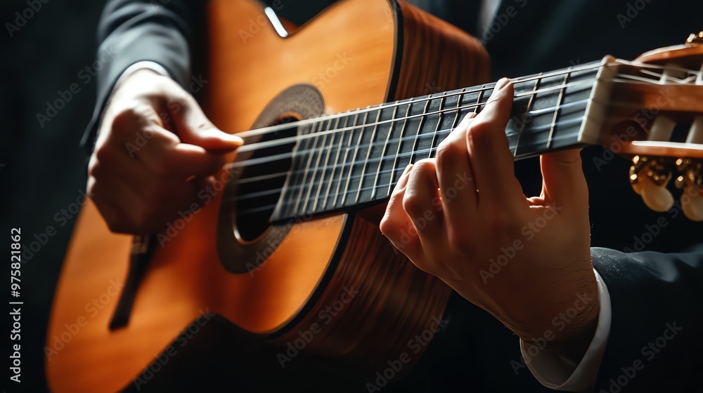 Fototapeta premium Close-up of a man's hands playing an acoustic guitar.